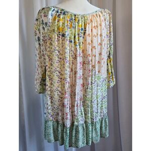 Fashion Fuse Bohemian Patchwork Mini Dress in Green Pink Mixed Print Ruffle Hem